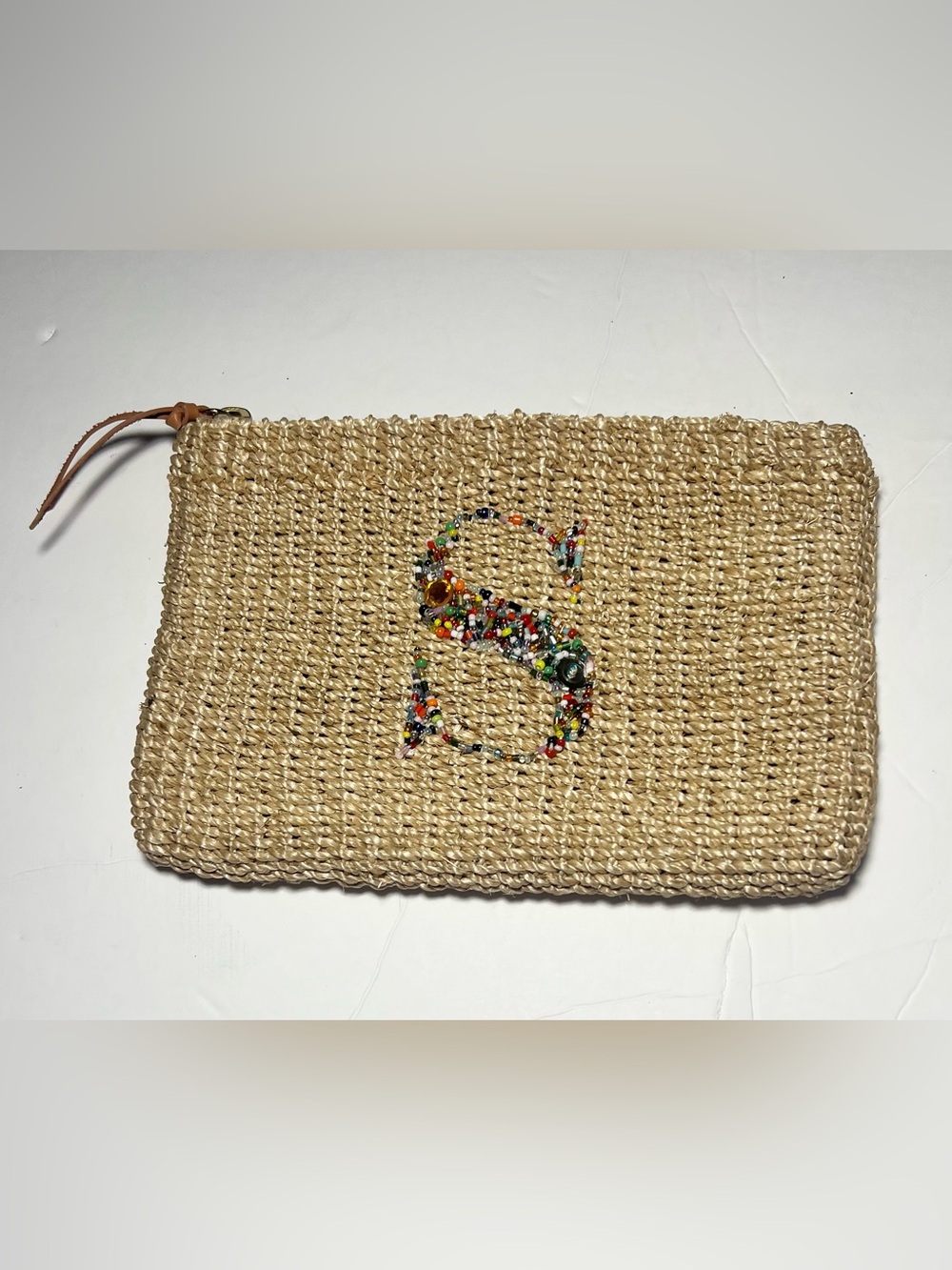 Personalized Beaded 'S' Straw clutch pouch- Multicolor on Natural